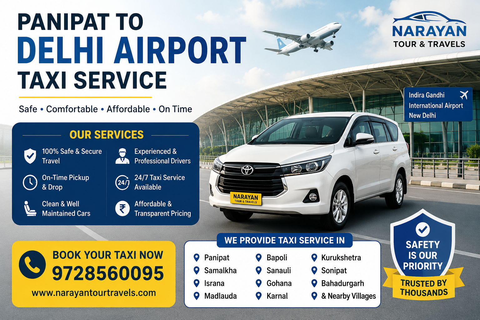 Safe Panipat to Delhi Airport Taxi Service by Narayan Tour Travels